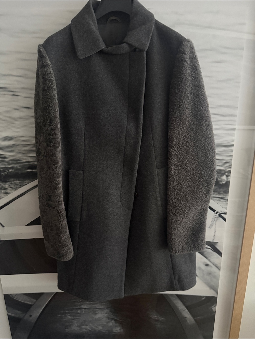 Brunello Cucinelli Dark Gray Wool Coat with Shearling Sleeves